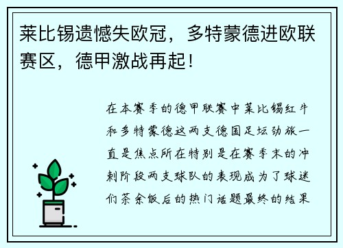 莱比锡遗憾失欧冠，多特蒙德进欧联赛区，德甲激战再起！