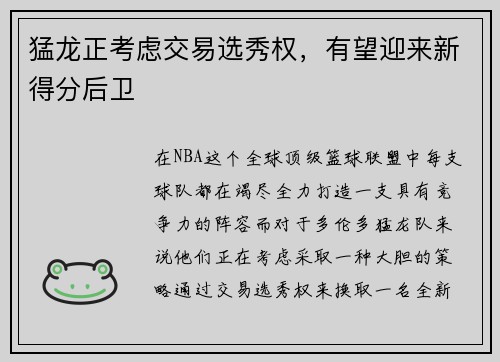 猛龙正考虑交易选秀权，有望迎来新得分后卫