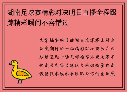 湖南足球赛精彩对决明日直播全程跟踪精彩瞬间不容错过